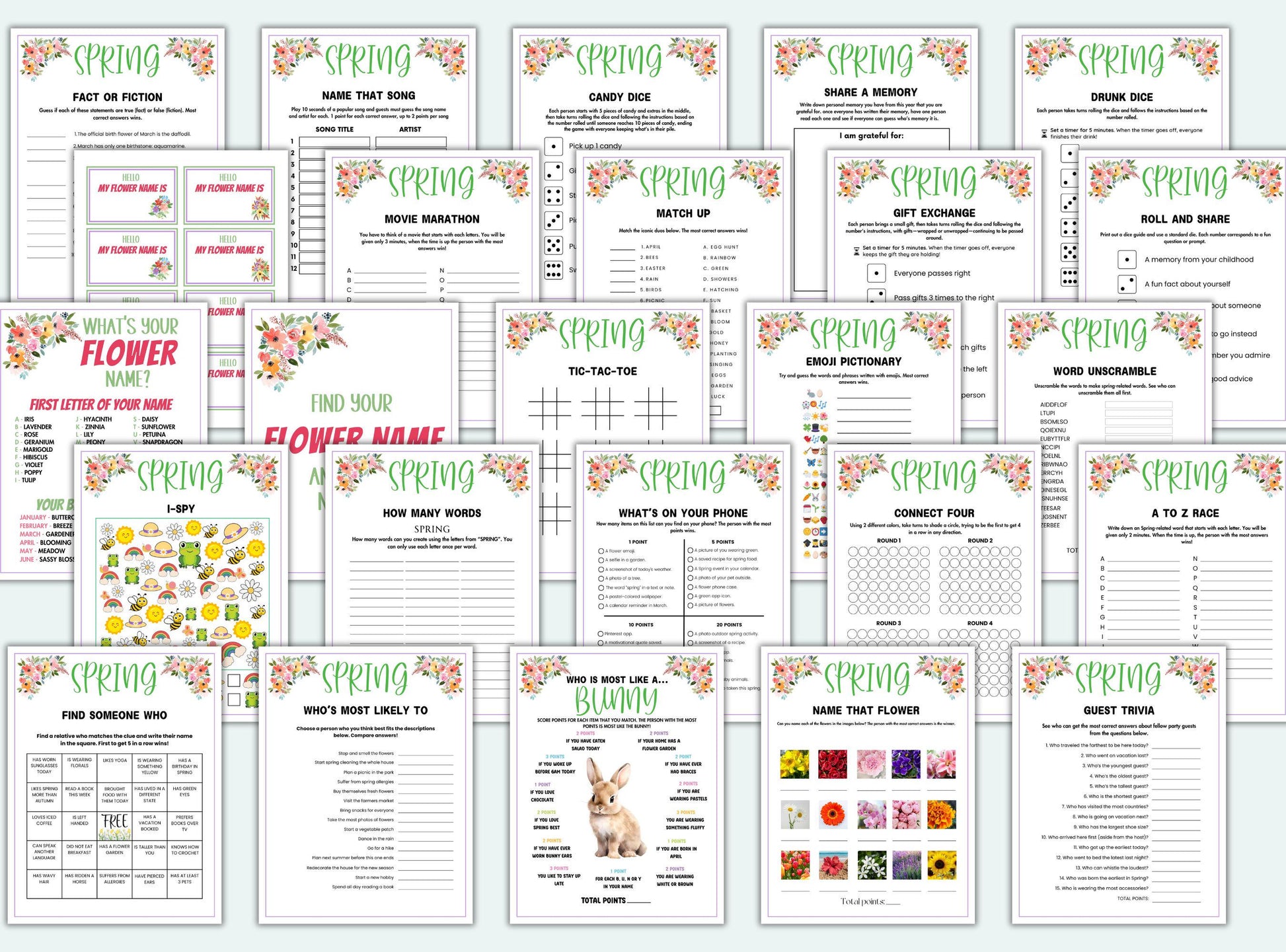Collection of spring-themed worksheets and activities on a white background