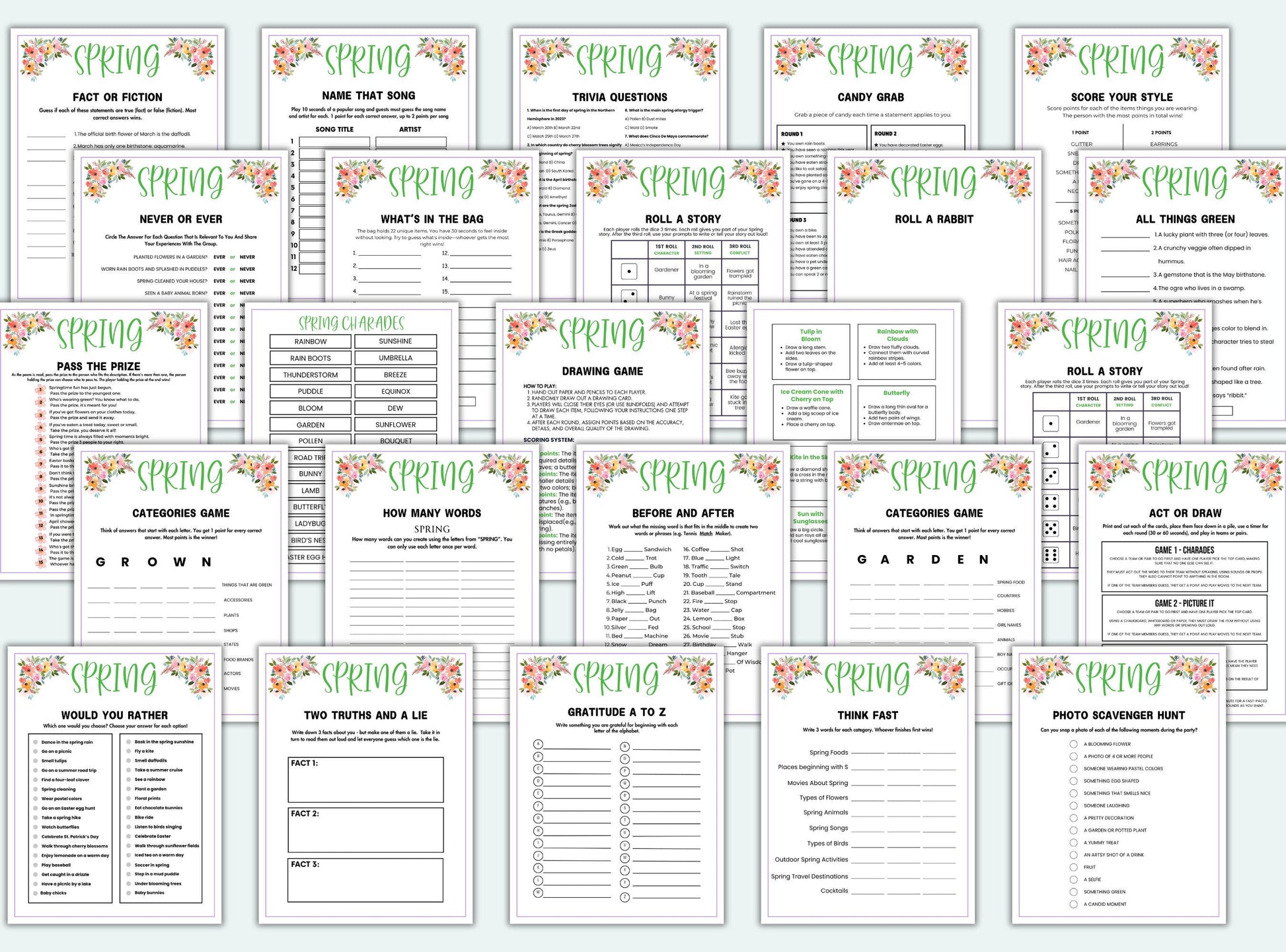 Collection of spring-themed trivia cards on a white background