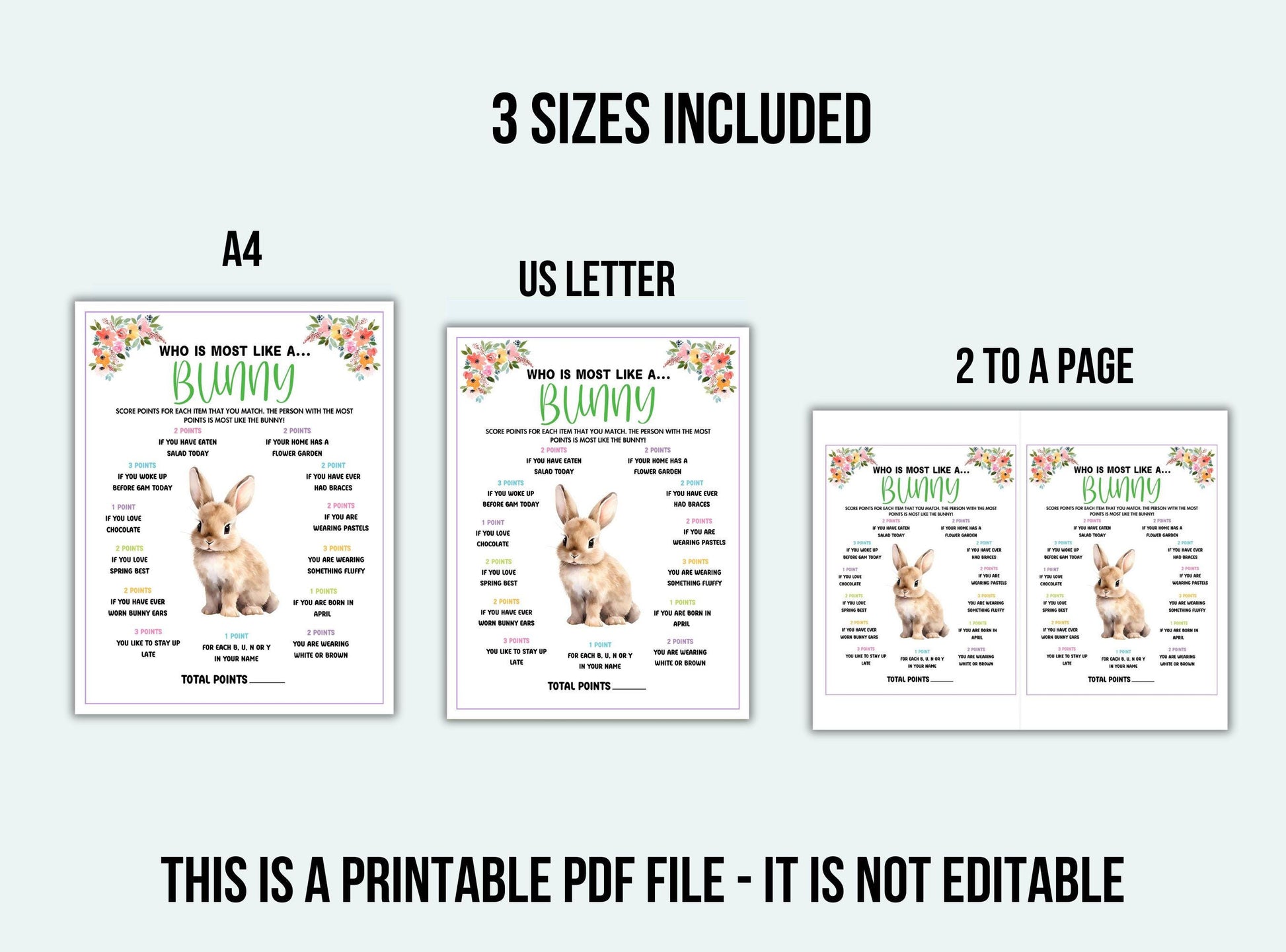 Three printable PDF files with a bunny design, labeled A4, US Letter, and two per page.