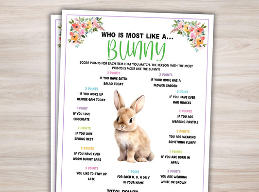 Sheet with a bunny image and questionnaire on a wooden surface