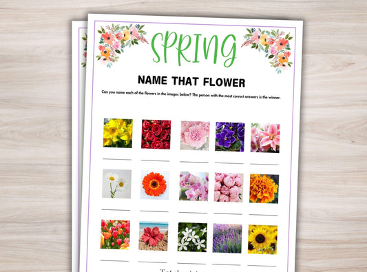 Sheet with 'Spring Name That Flower' activity on a wooden surface