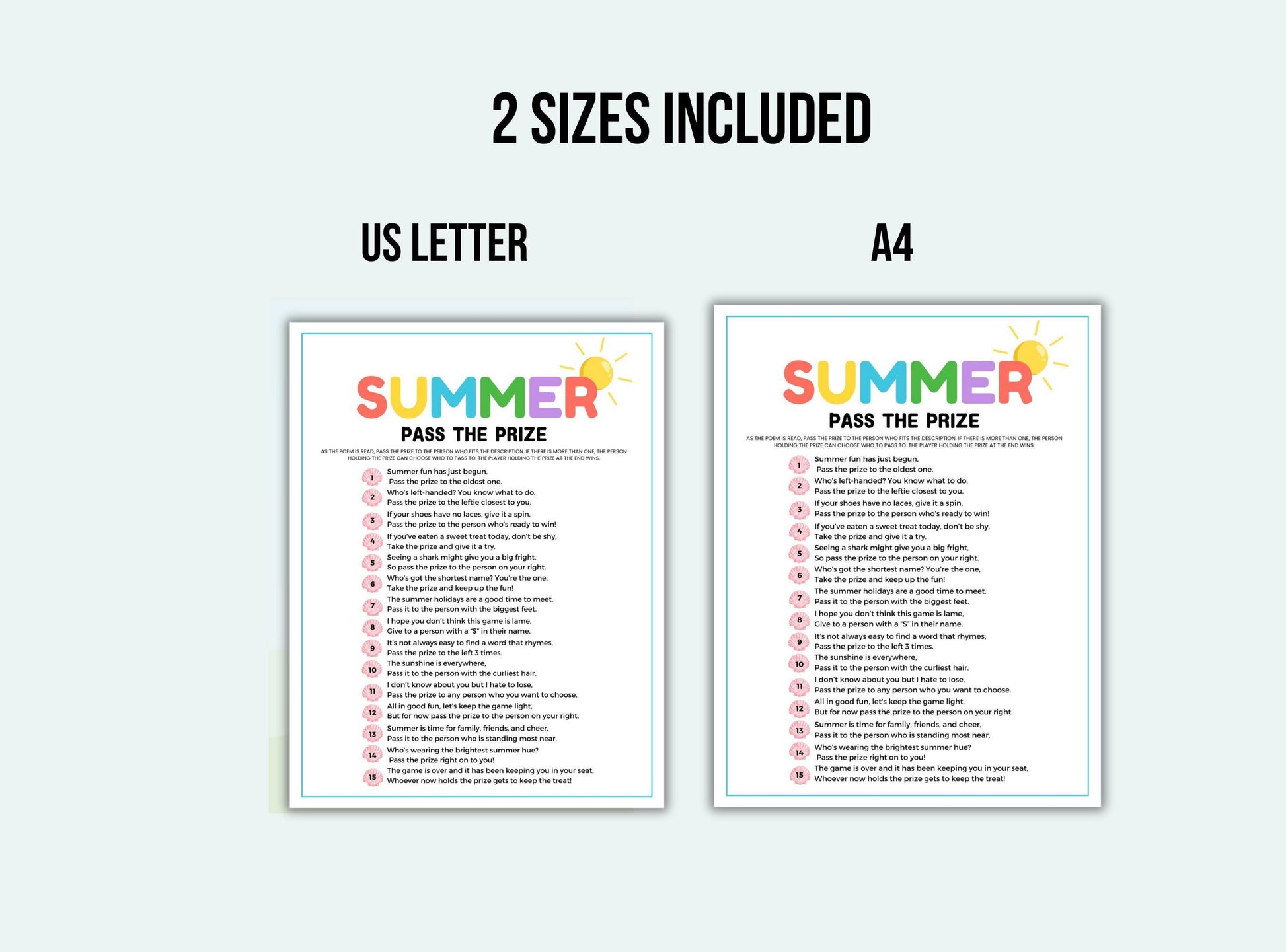 Two versions of a 'Summer Pass the Prize' game sheet, one US Letter size and one A4 size, on a white background.