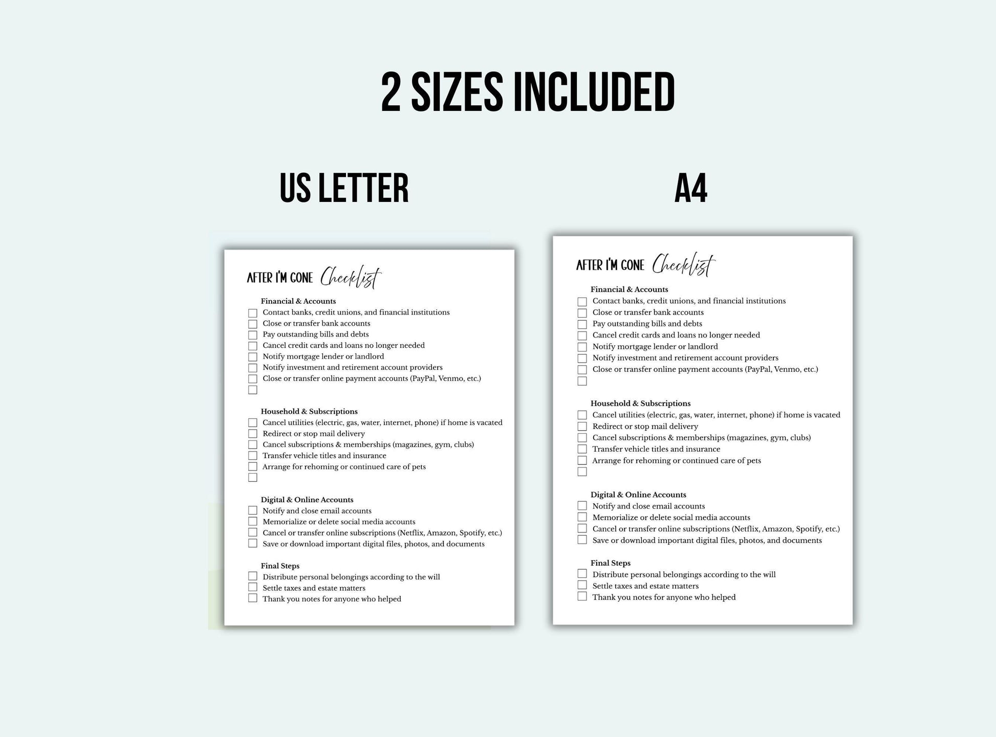 Two checklists for 'After I'm Gone' on US Letter and A4 paper sizes.