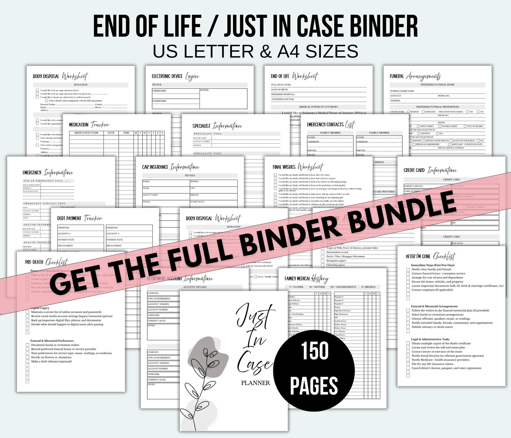 Collection of printed pages from a 'Just In Case' binder with a promotional banner.