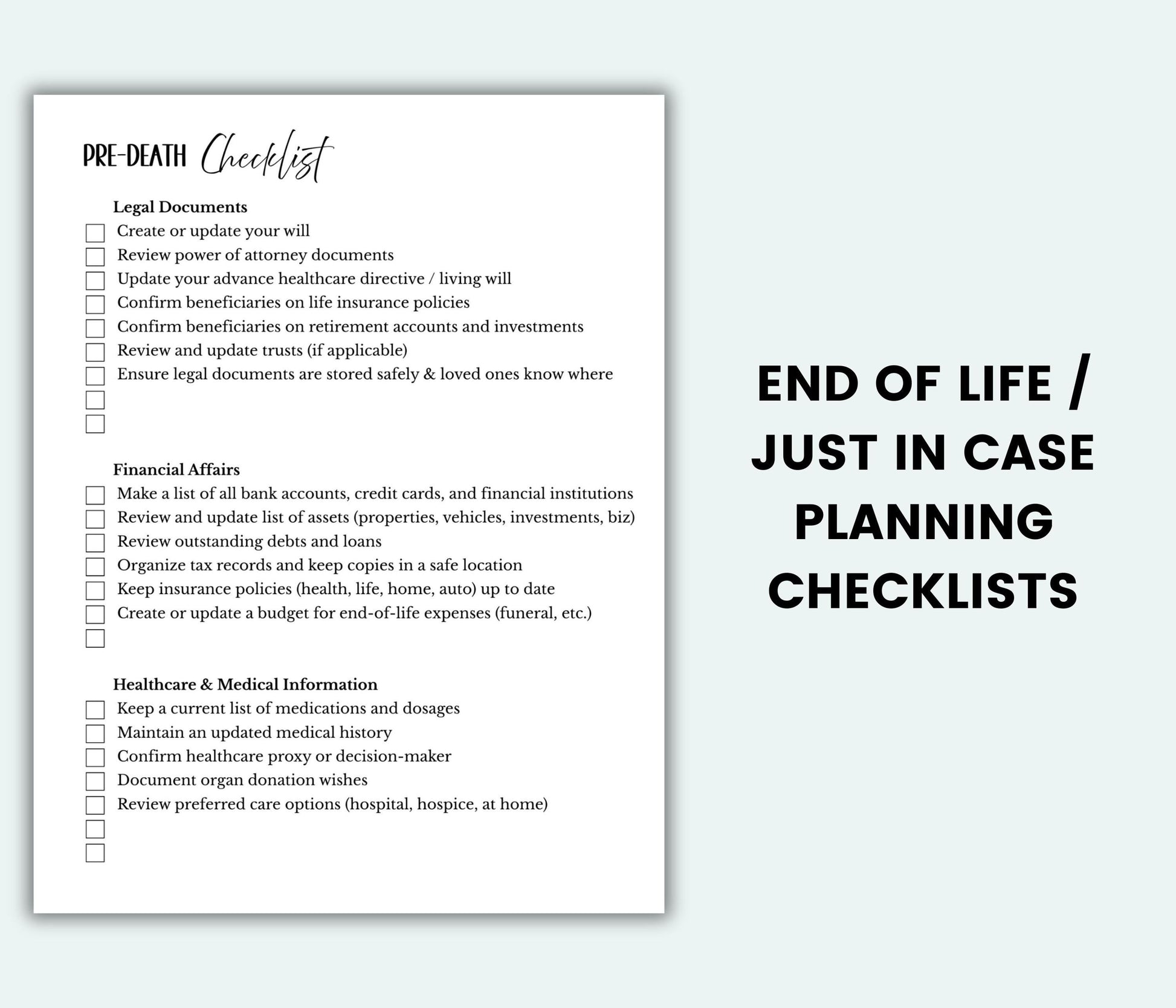 Pre-death checklist for end of life planning on a light gray background