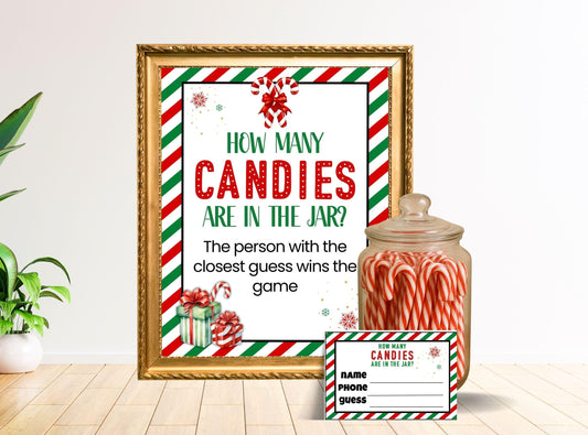 Framed Christmas-themed game sign with candy jar and candy canes on a white background