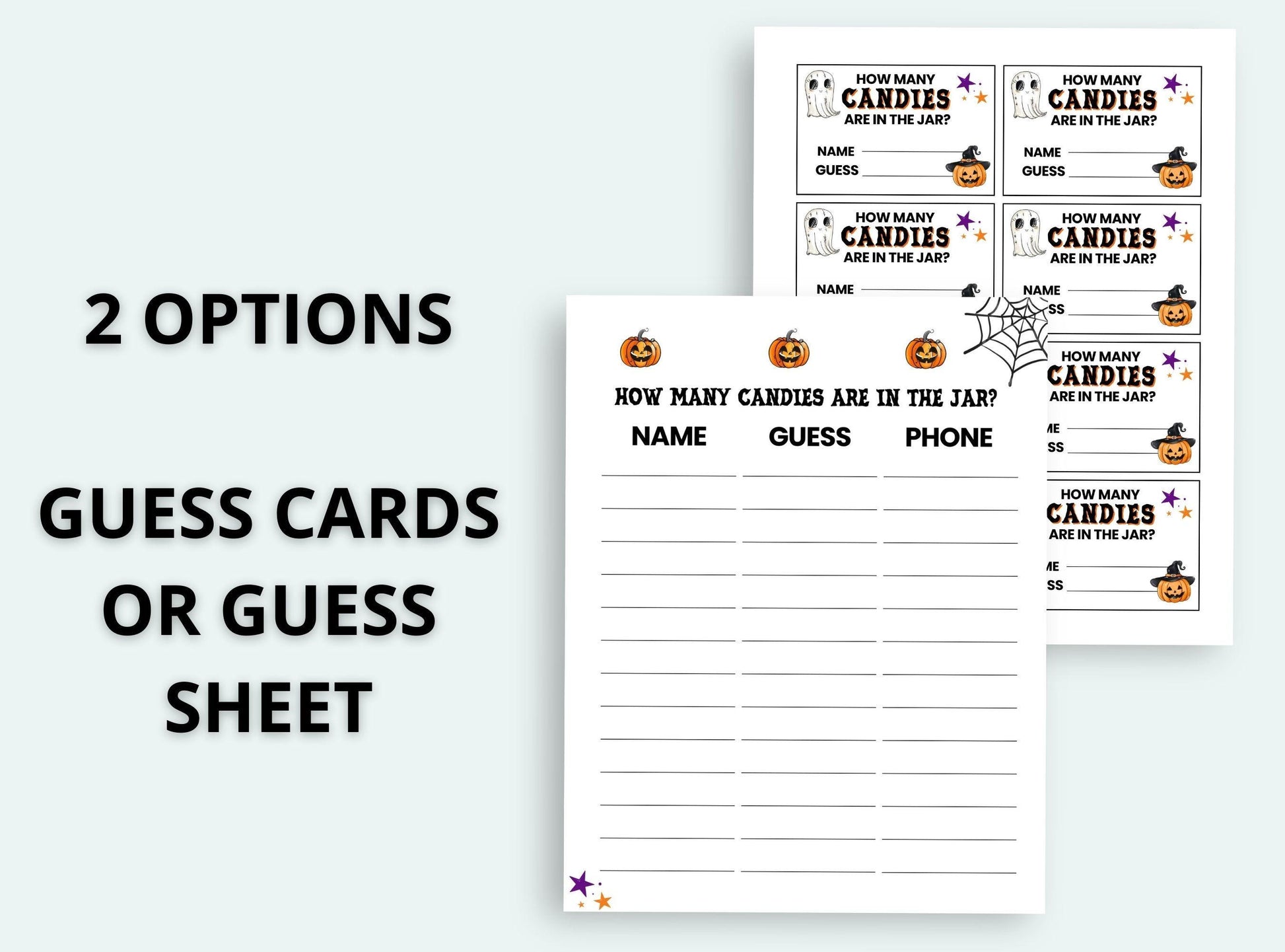 Halloween-themed guess card or guess sheet with pumpkins and spider webs on a white background.