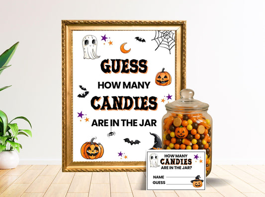 Halloween-themed game setup with a jar of candies and a sign asking 'Guess how many candies are in the jar'.