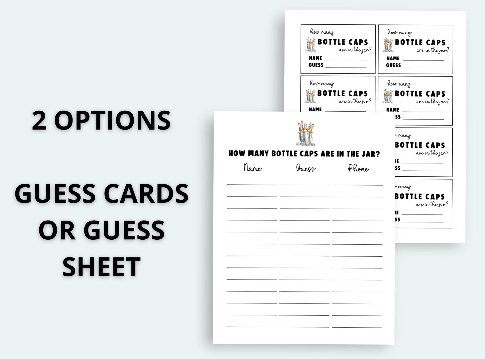 Guess cards or guess sheet for bottle cap counting activity on a white background