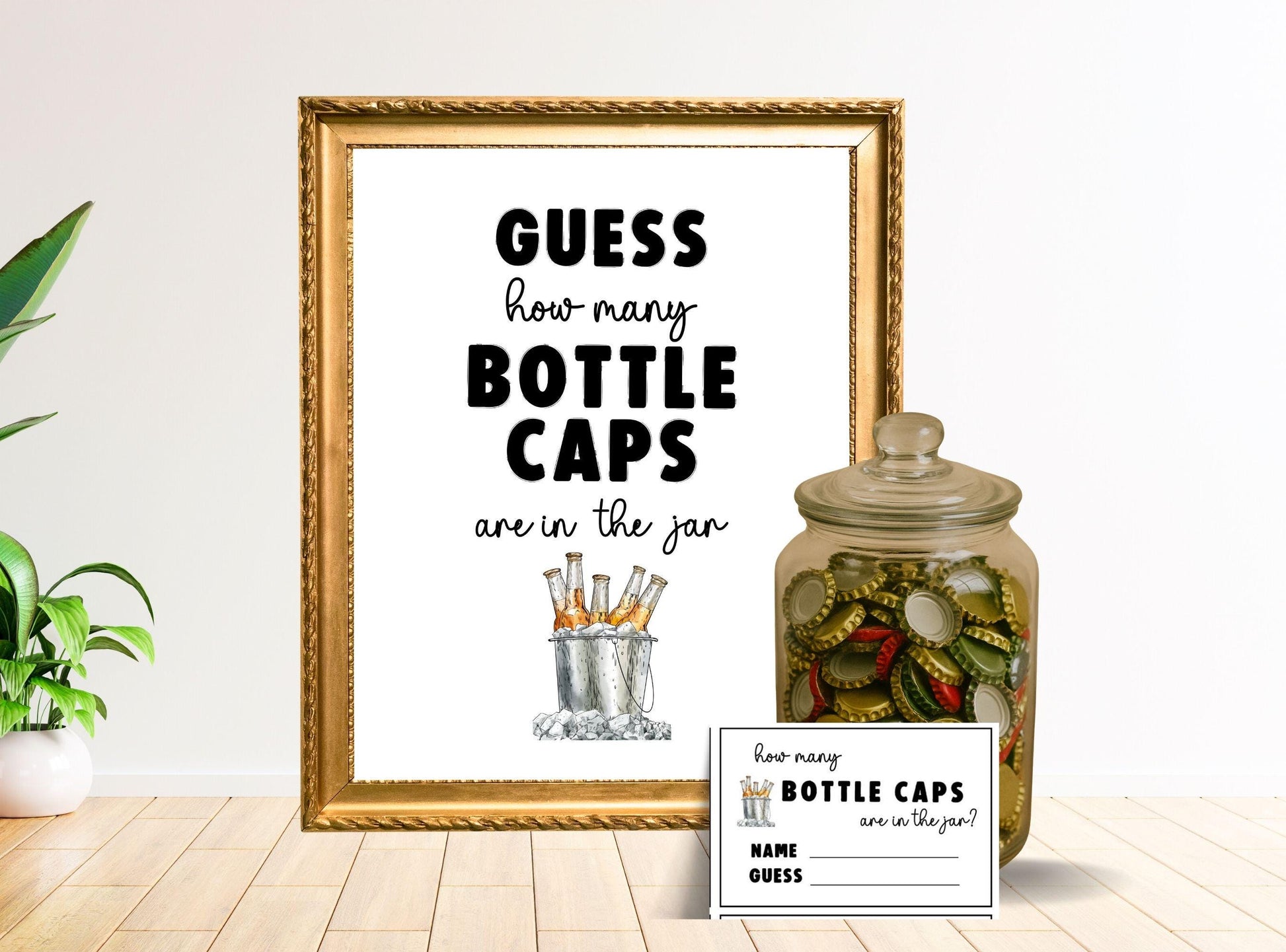 Decorative sign with a jar of bottle caps and a guess game card on a light wooden floor.