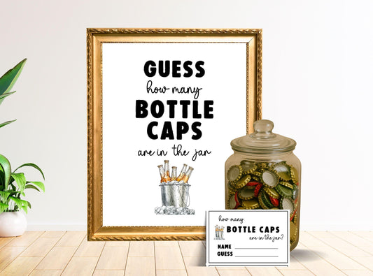 Decorative sign with a jar of bottle caps and a guess game card on a light wooden floor.