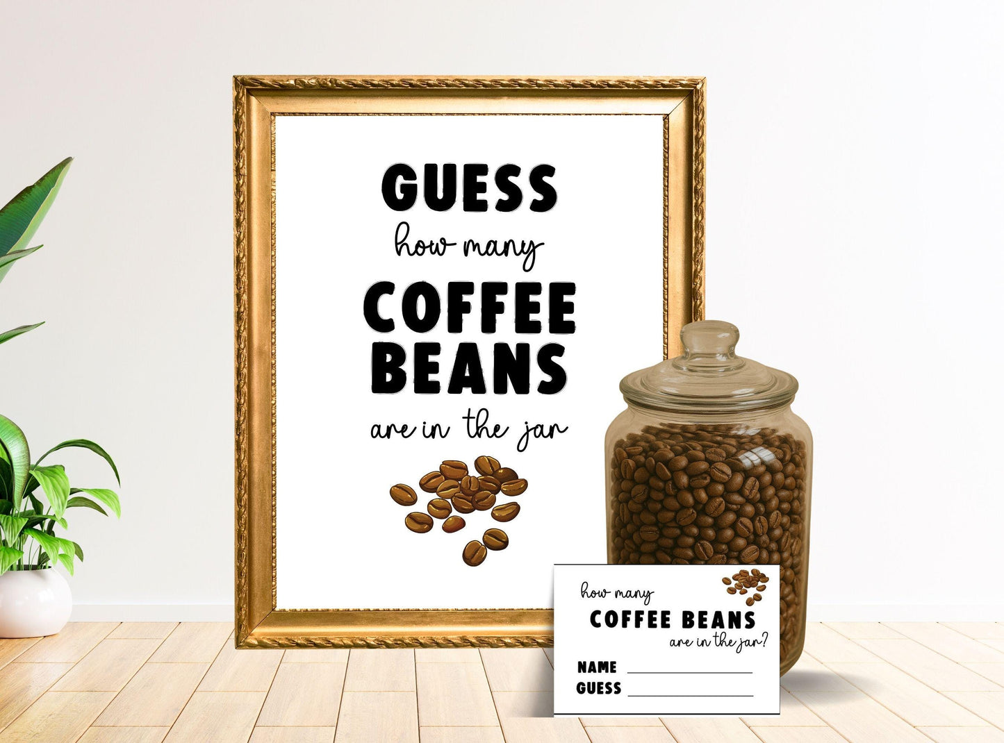Decorative sign with coffee beans and a jar on a wooden surface.