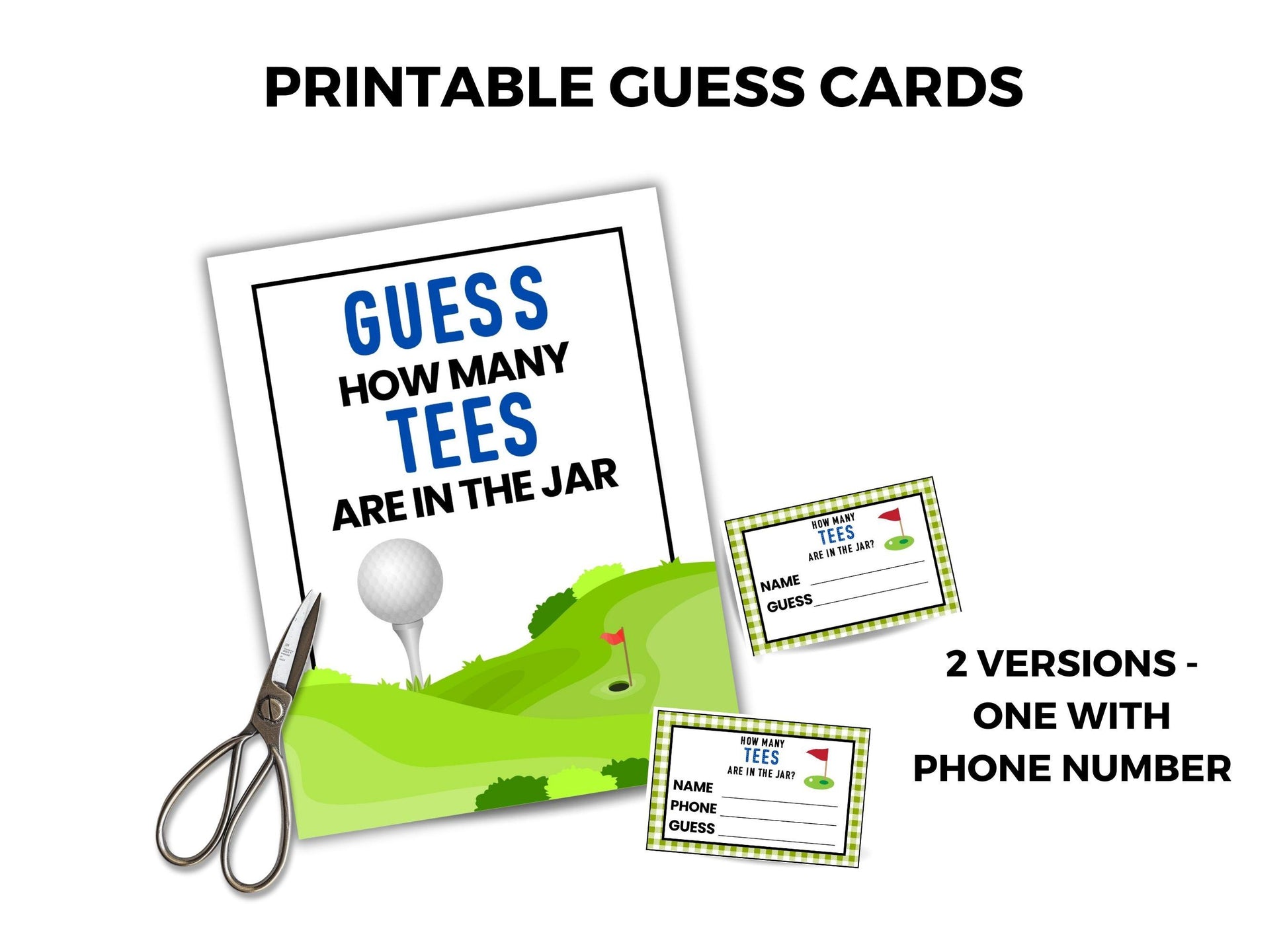 Printable guess cards for a golf-themed game with scissors on a white background