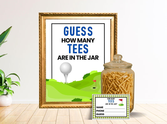 Decorative sign with golf theme and jar of wooden tees on a table.