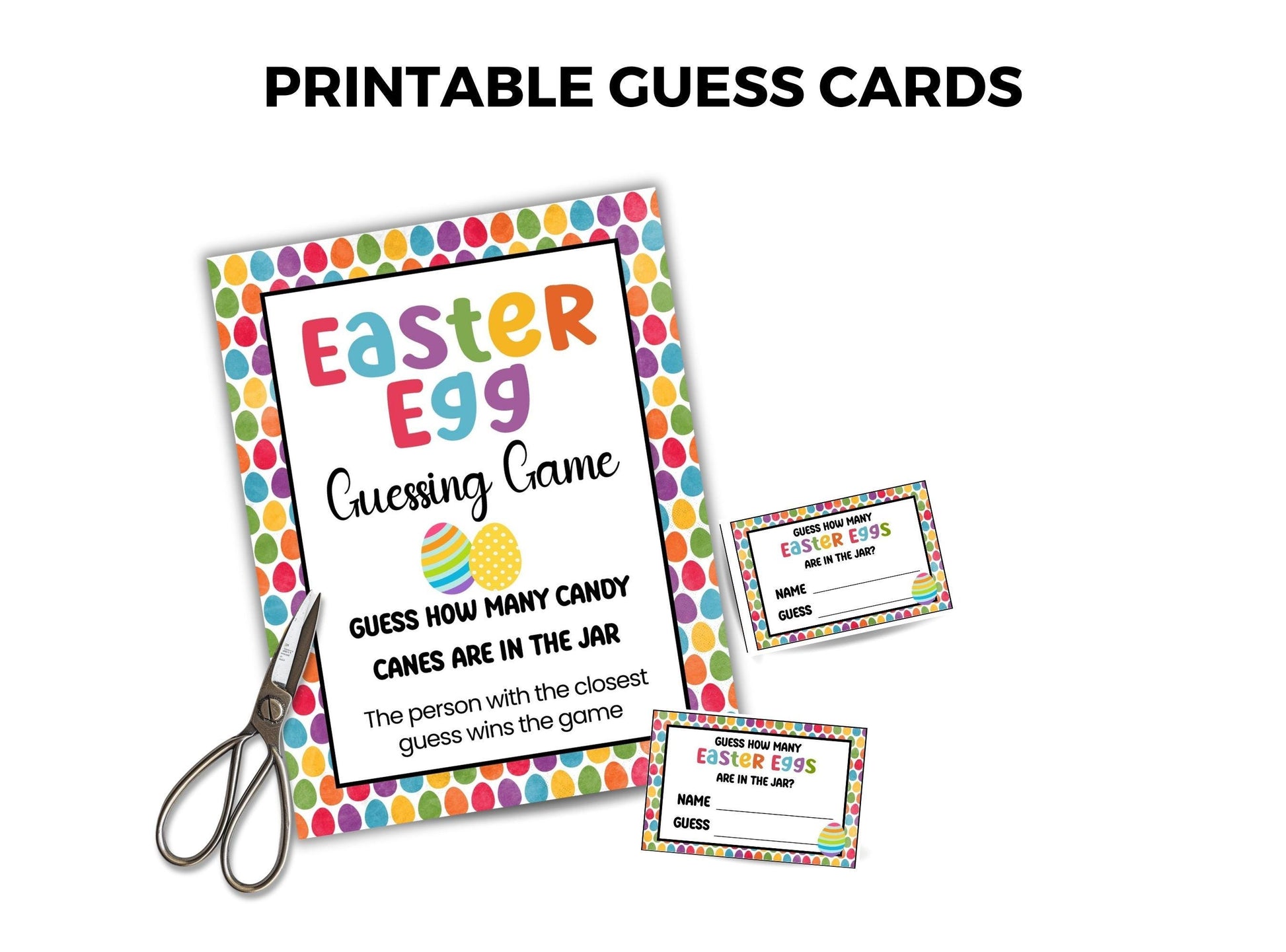Easter egg guessing game cards with colorful polka dot border and scissors on a white background
