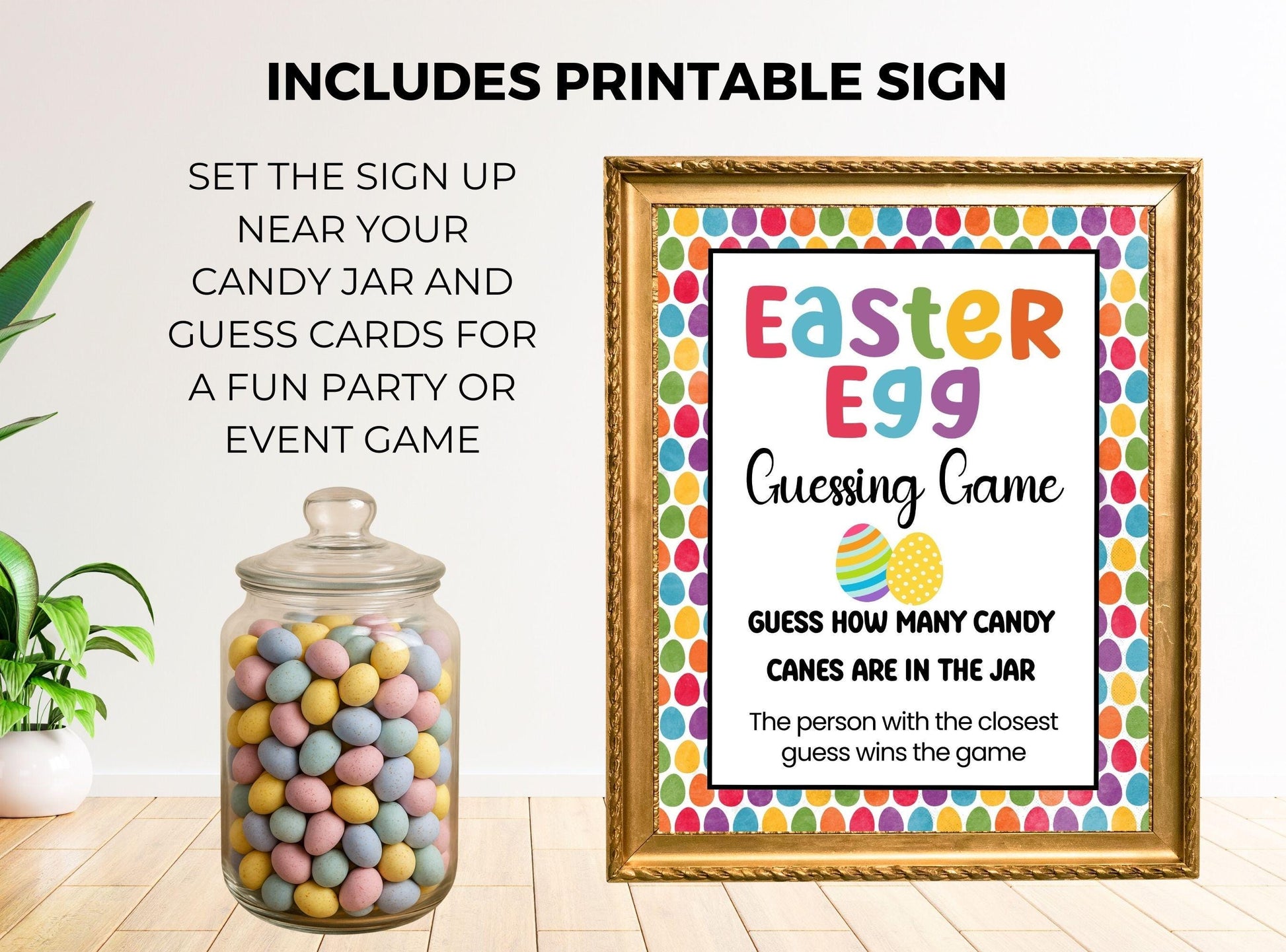Easter egg guessing game sign with candy jar on a wooden surface