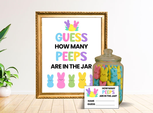 Decorative sign with Peeps-themed text and a jar on a wooden floor.