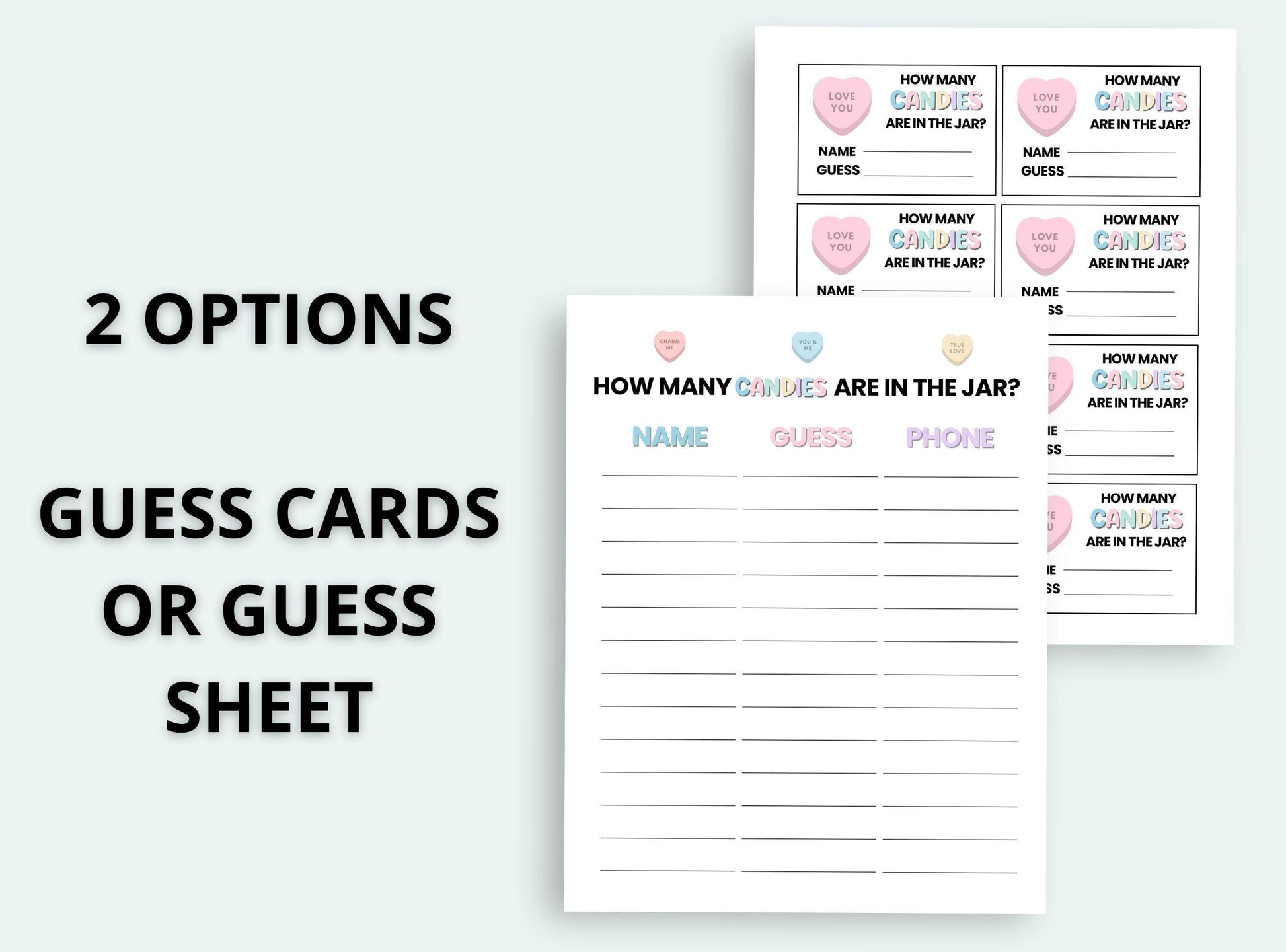 Guess cards or guess sheet for a game with text on a white background