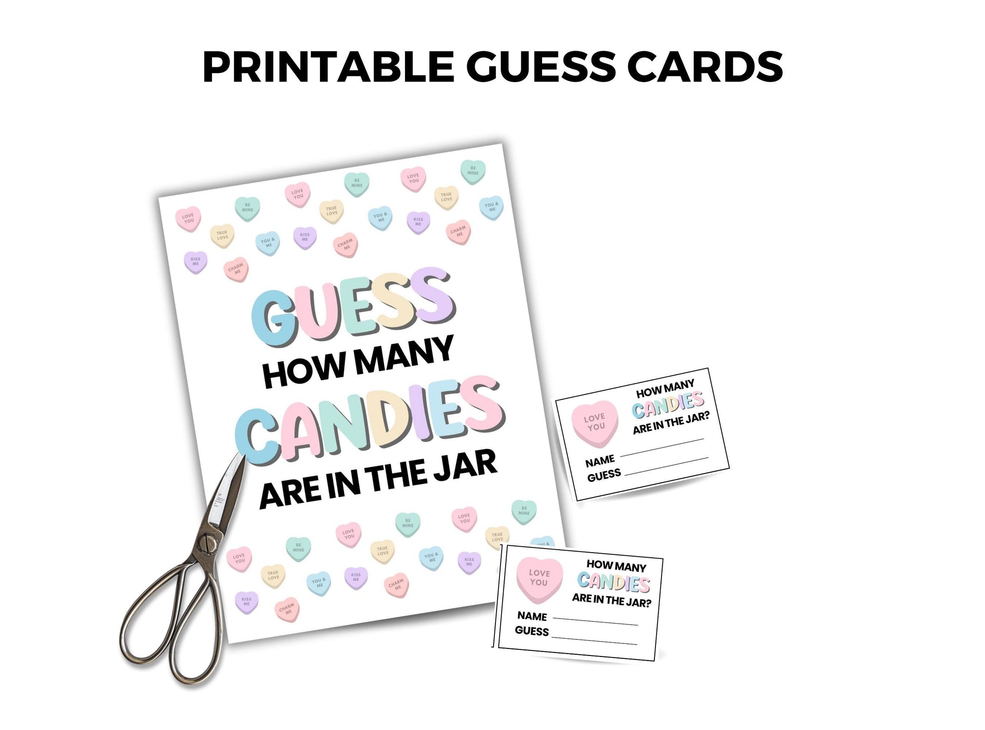 Printable guess cards for 'How many candies are in the jar' game with scissors on a white background