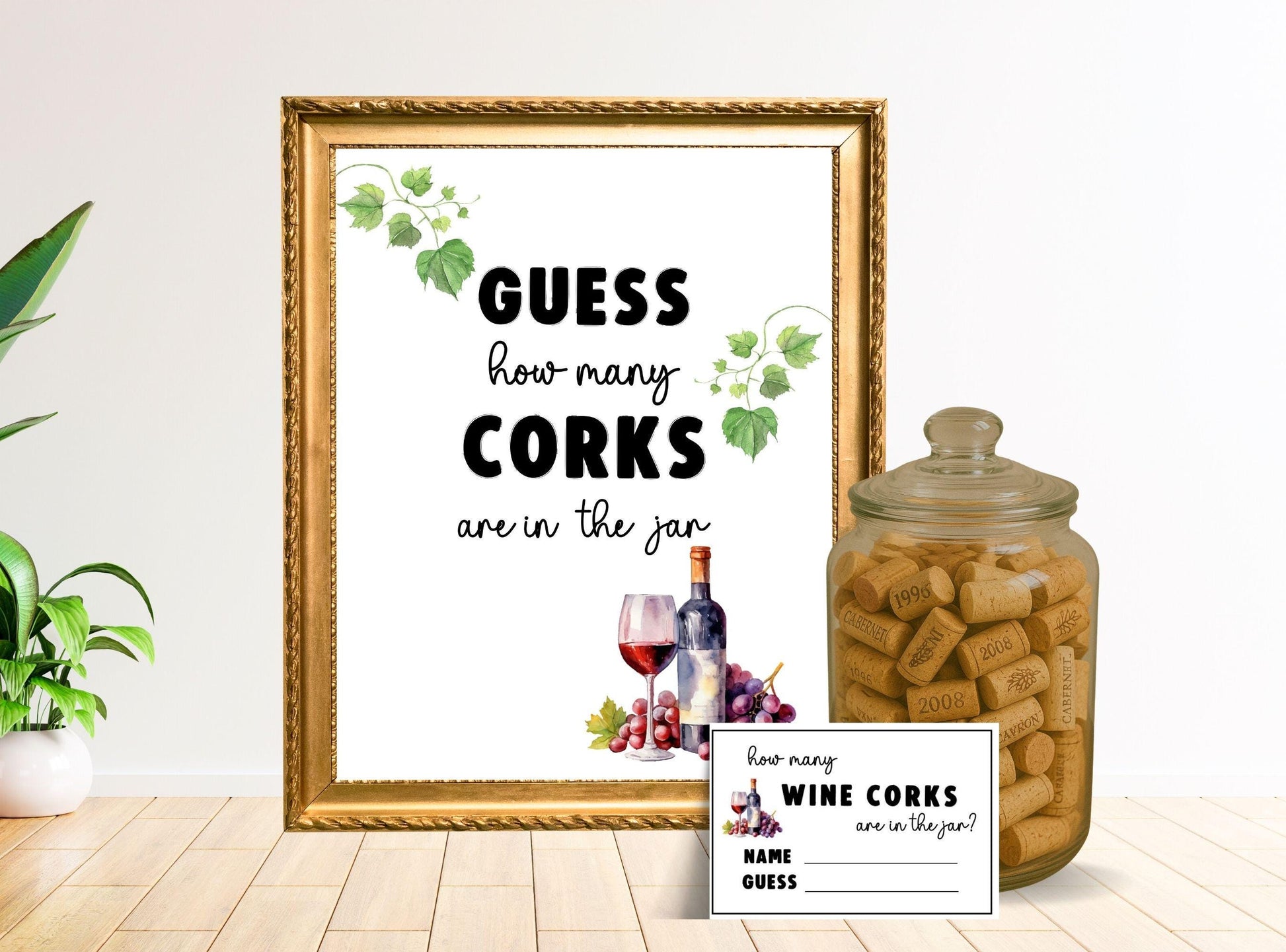 Decorative sign with wine cork jar andGuess how many corks are in the jar text