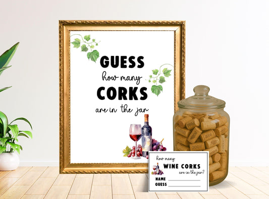 Decorative sign with wine cork jar andGuess how many corks are in the jar text