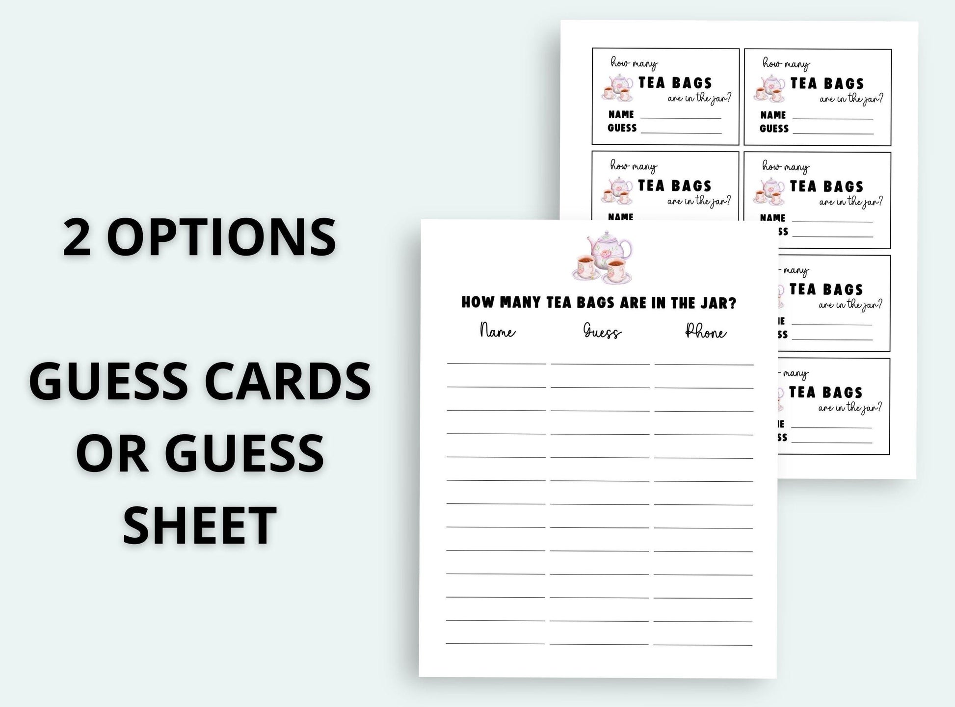Guess cards or guess sheet for tea bags with text on a white background