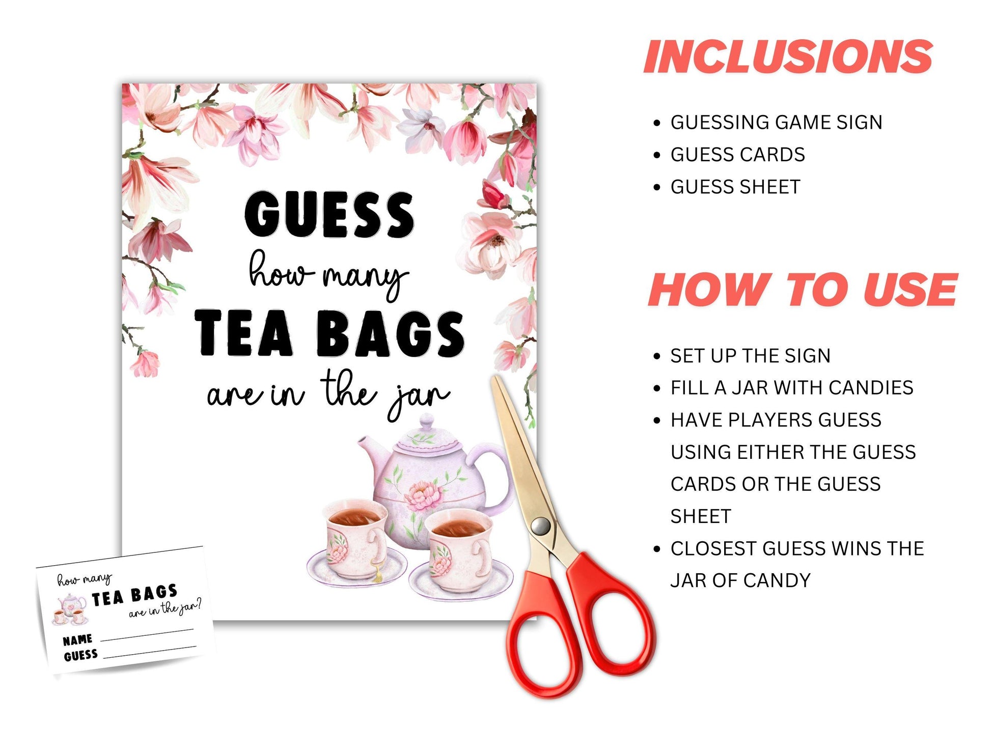 Tea-themed game set with guessing sign, cards, and scissors on a white background