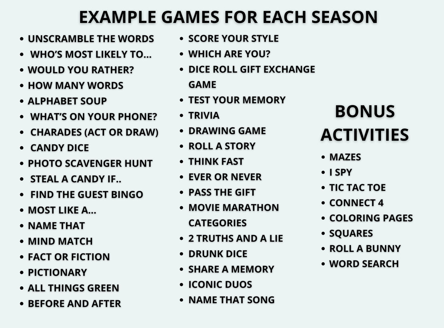 List of games for each season and bonus activities on a white background