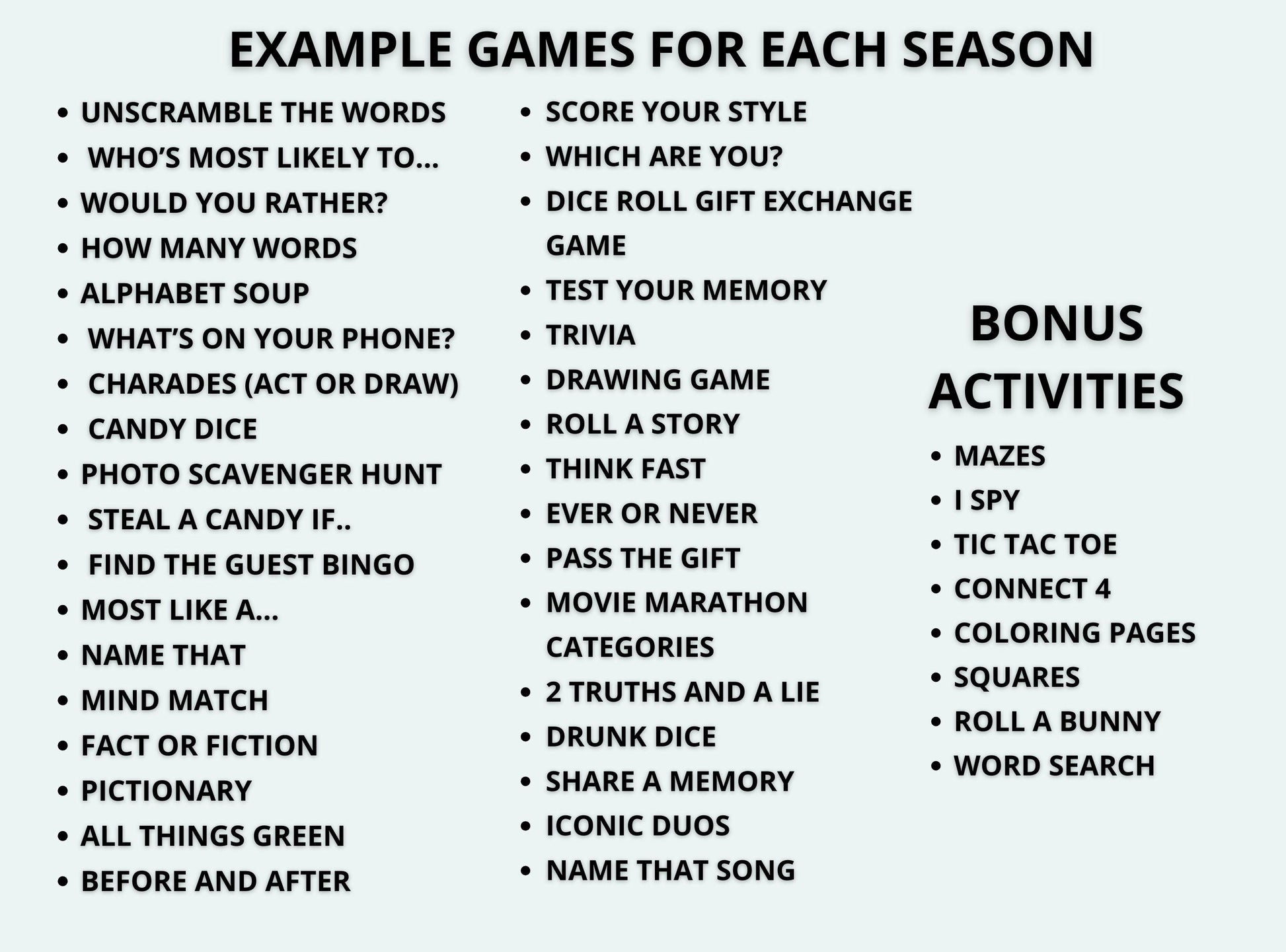 List of games for each season and bonus activities on a white background