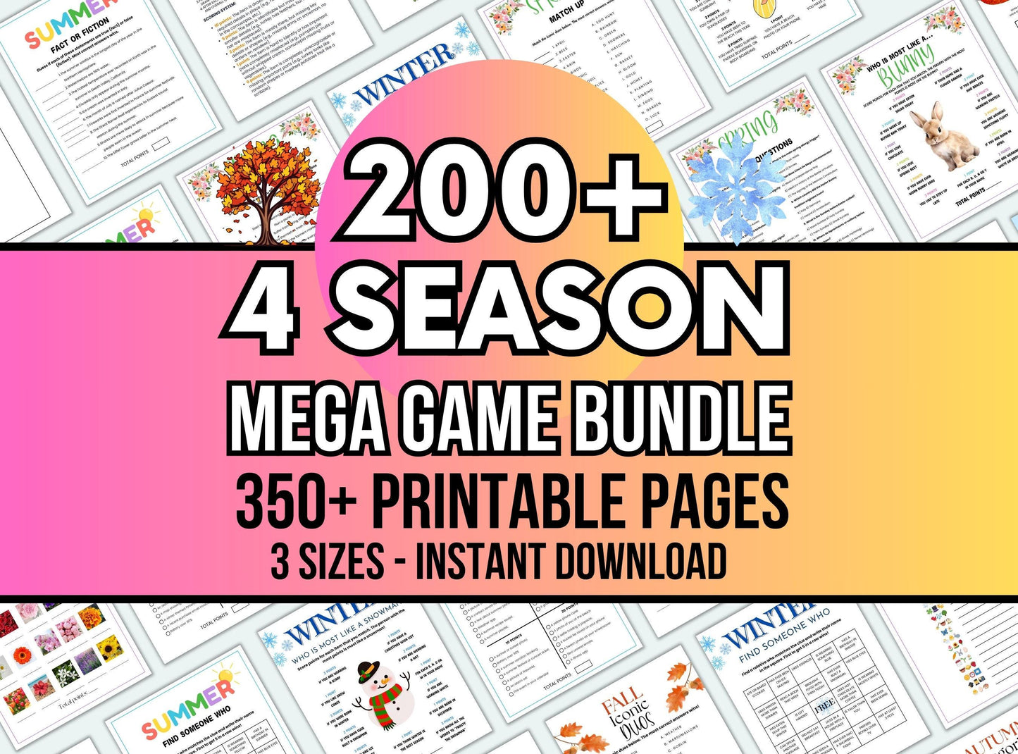 Promotional graphic for a 4 season mega game bundle with printable pages.