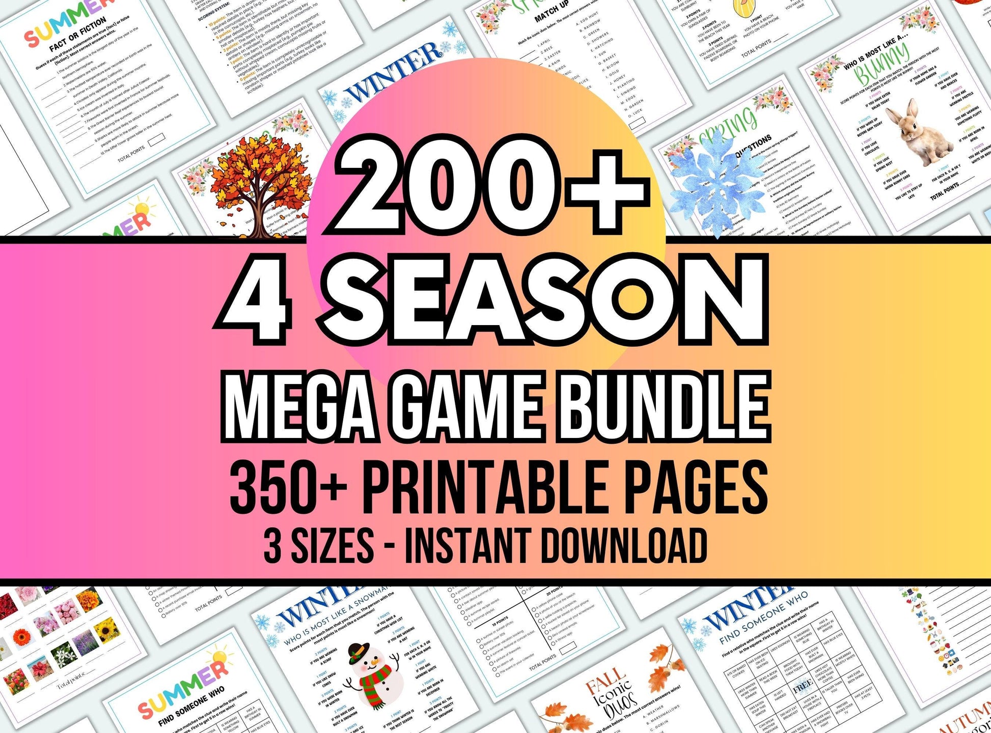 Promotional graphic for a 4 season mega game bundle with printable pages.