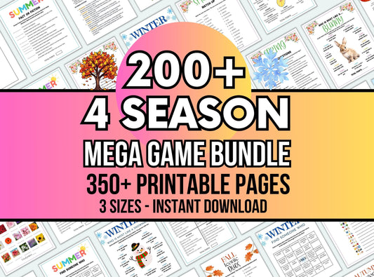 Promotional graphic for a 4 season mega game bundle with printable pages.