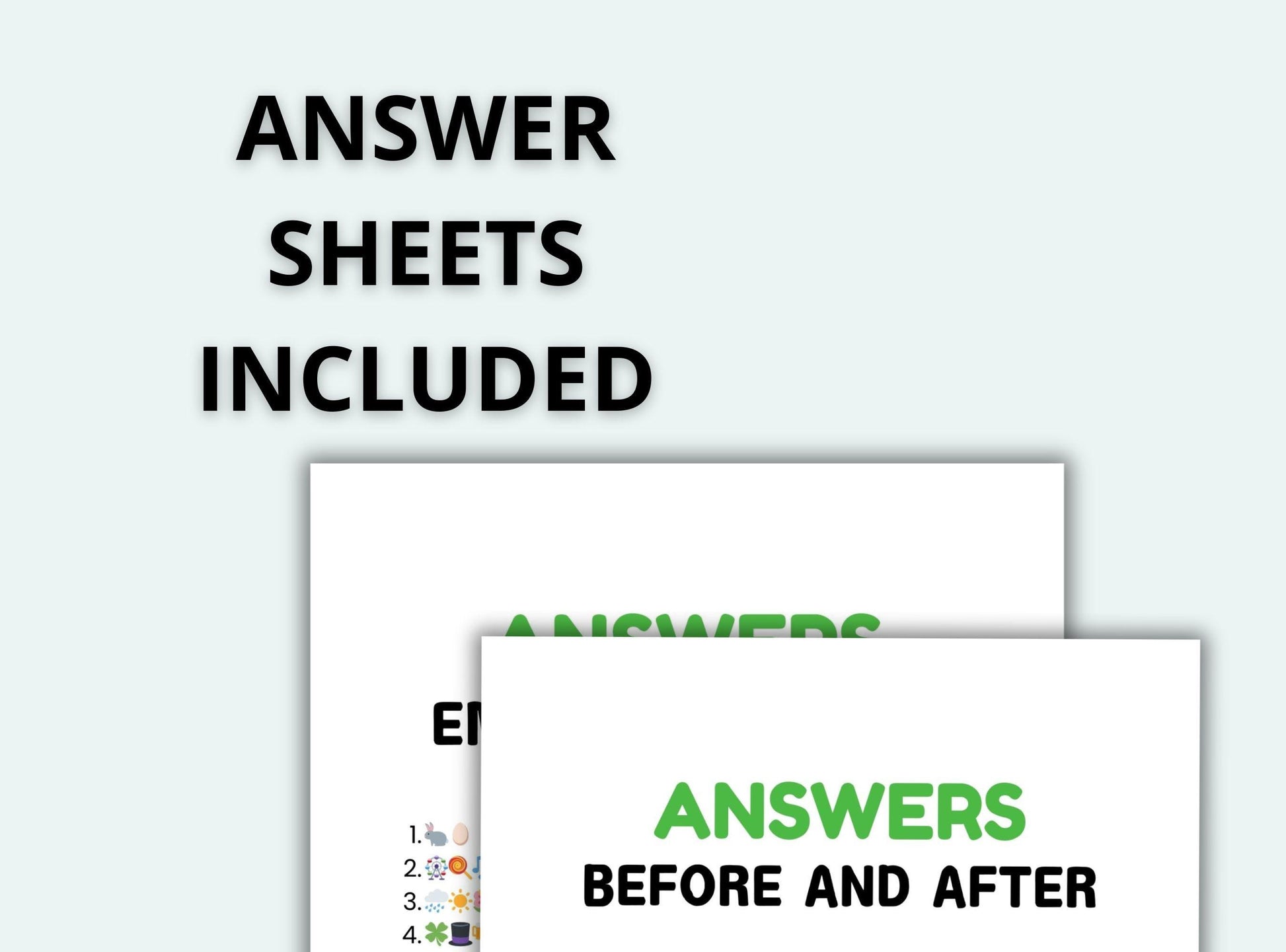 Text 'ANSWER SHEETS INCLUDED' with images of answer sheets on a light gray background.