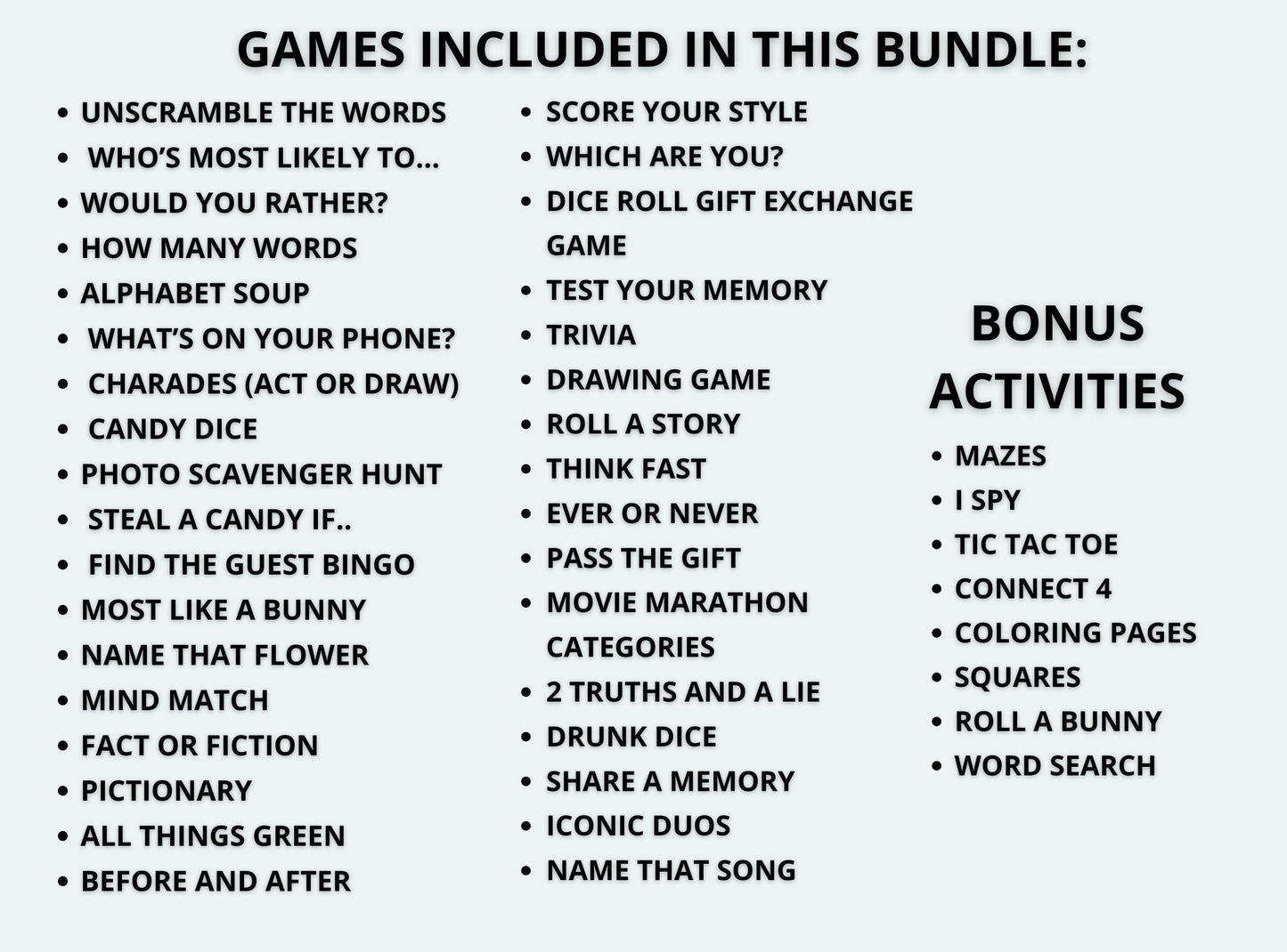 List of games and activities included in a bundle on a white background