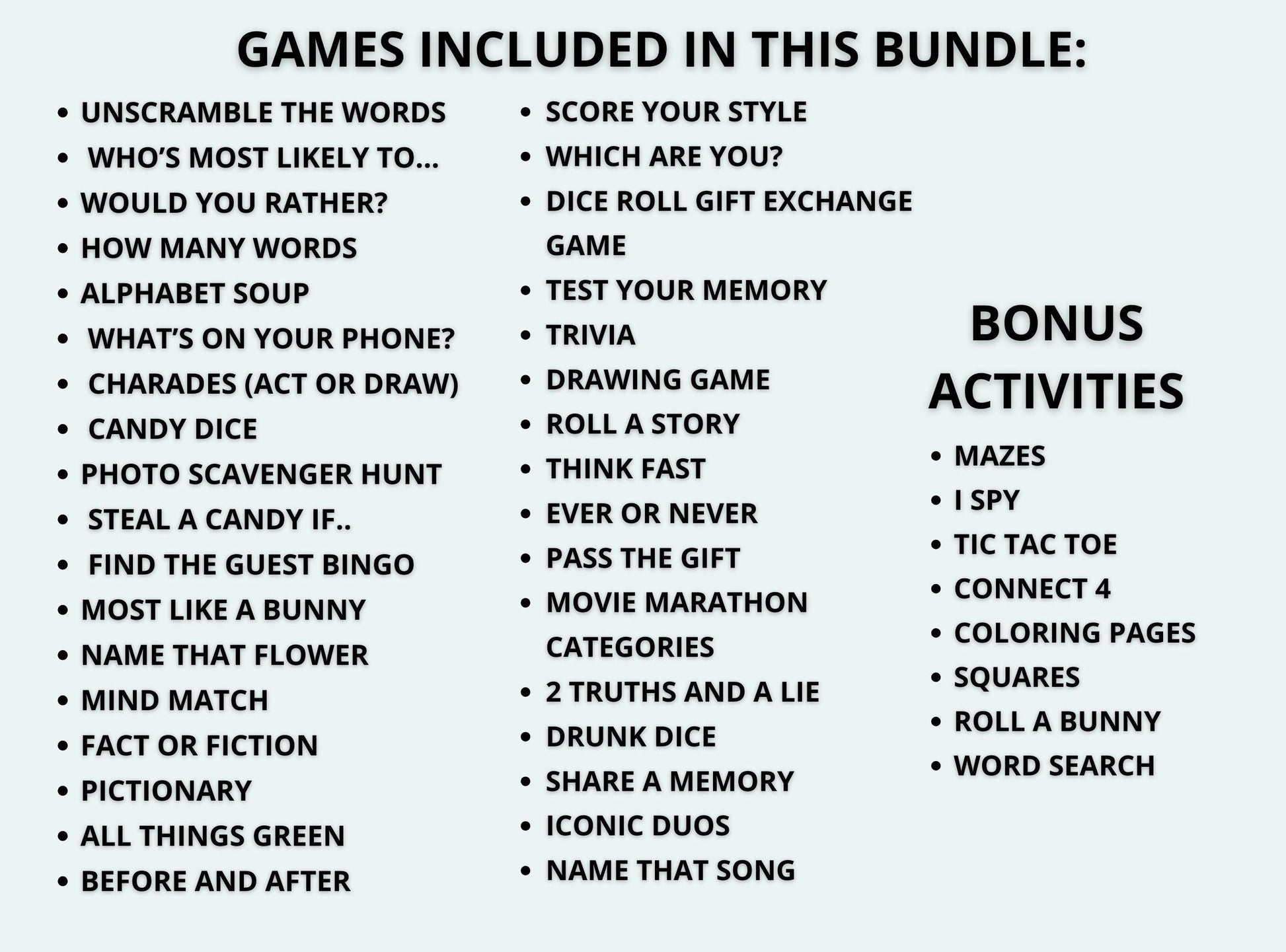 List of games and activities included in a bundle on a white background