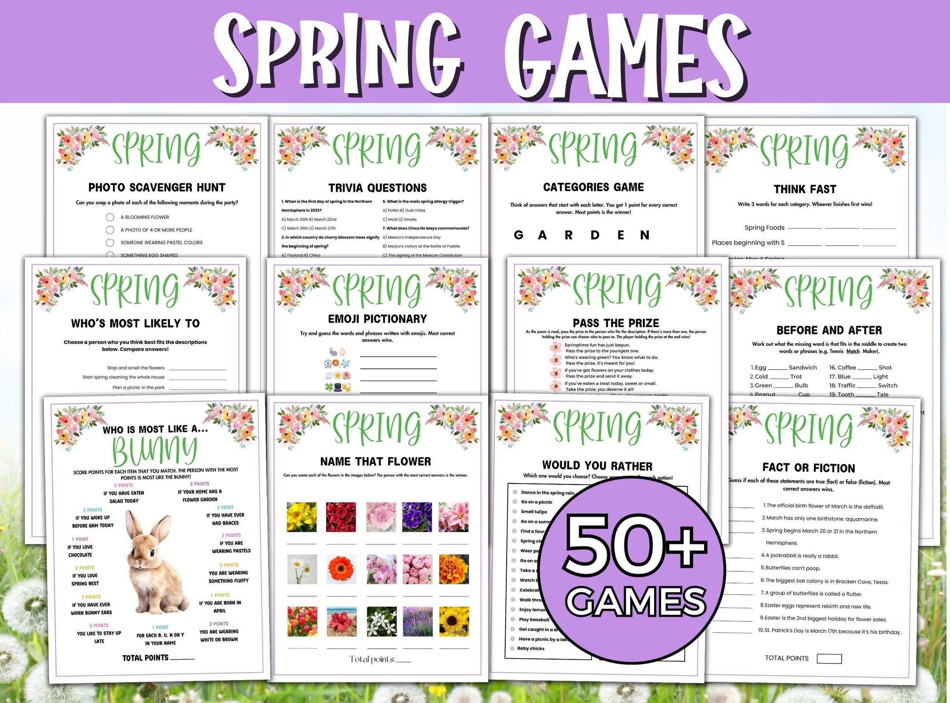 Collection of spring-themed games with a purple border and floral decorations.