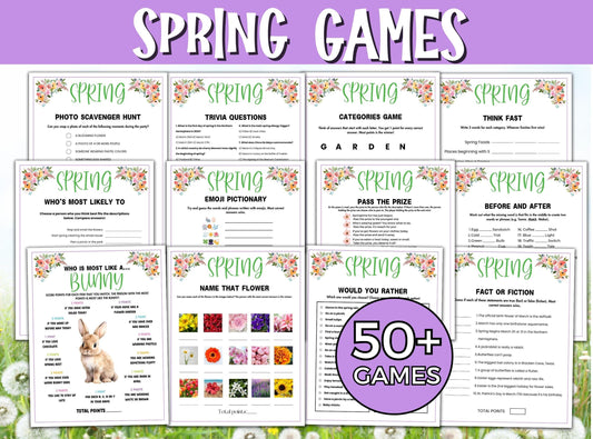 Collection of spring-themed games with a purple border and floral decorations.