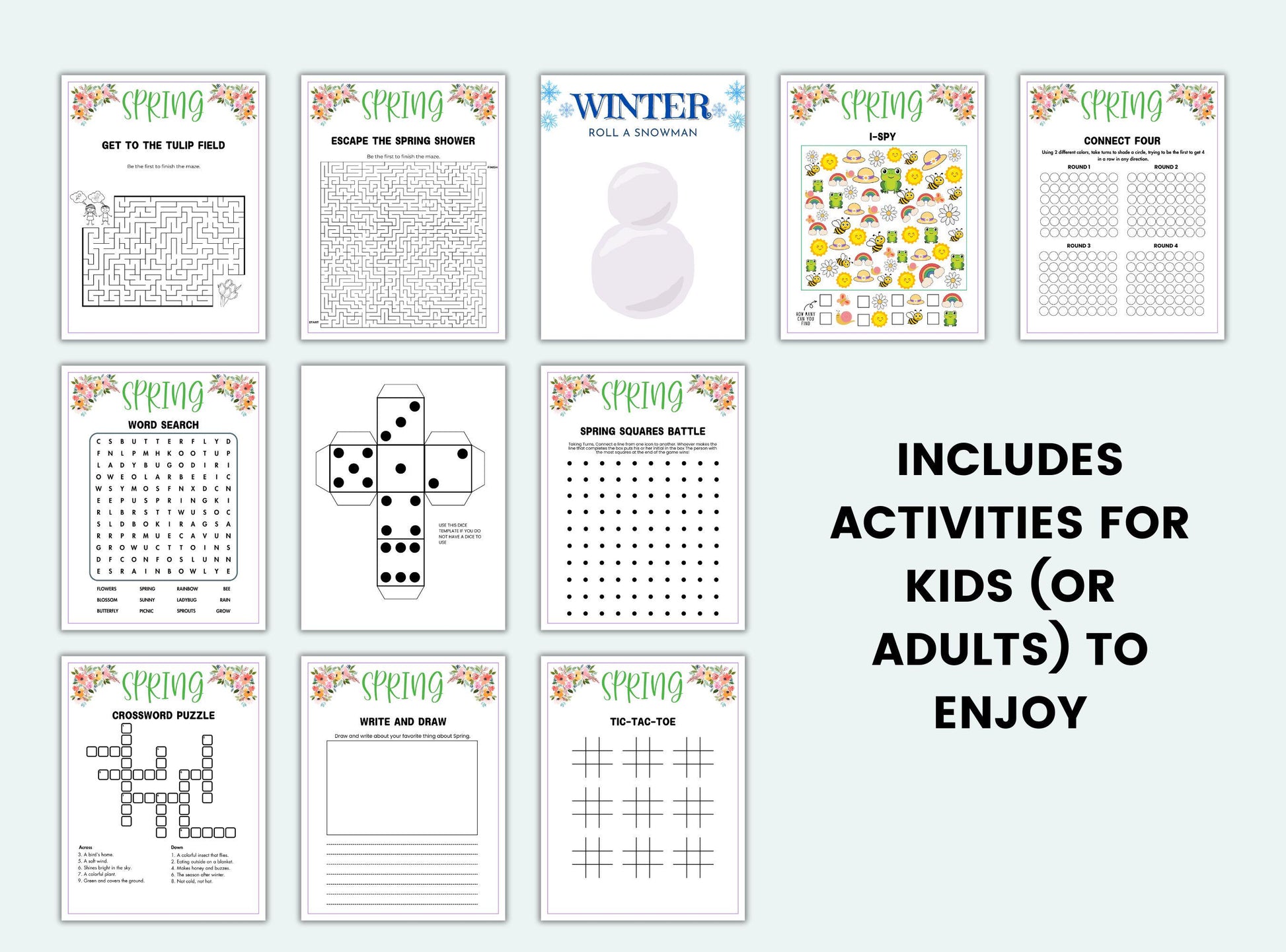 Set of educational worksheets for kids with various activities on a white background.