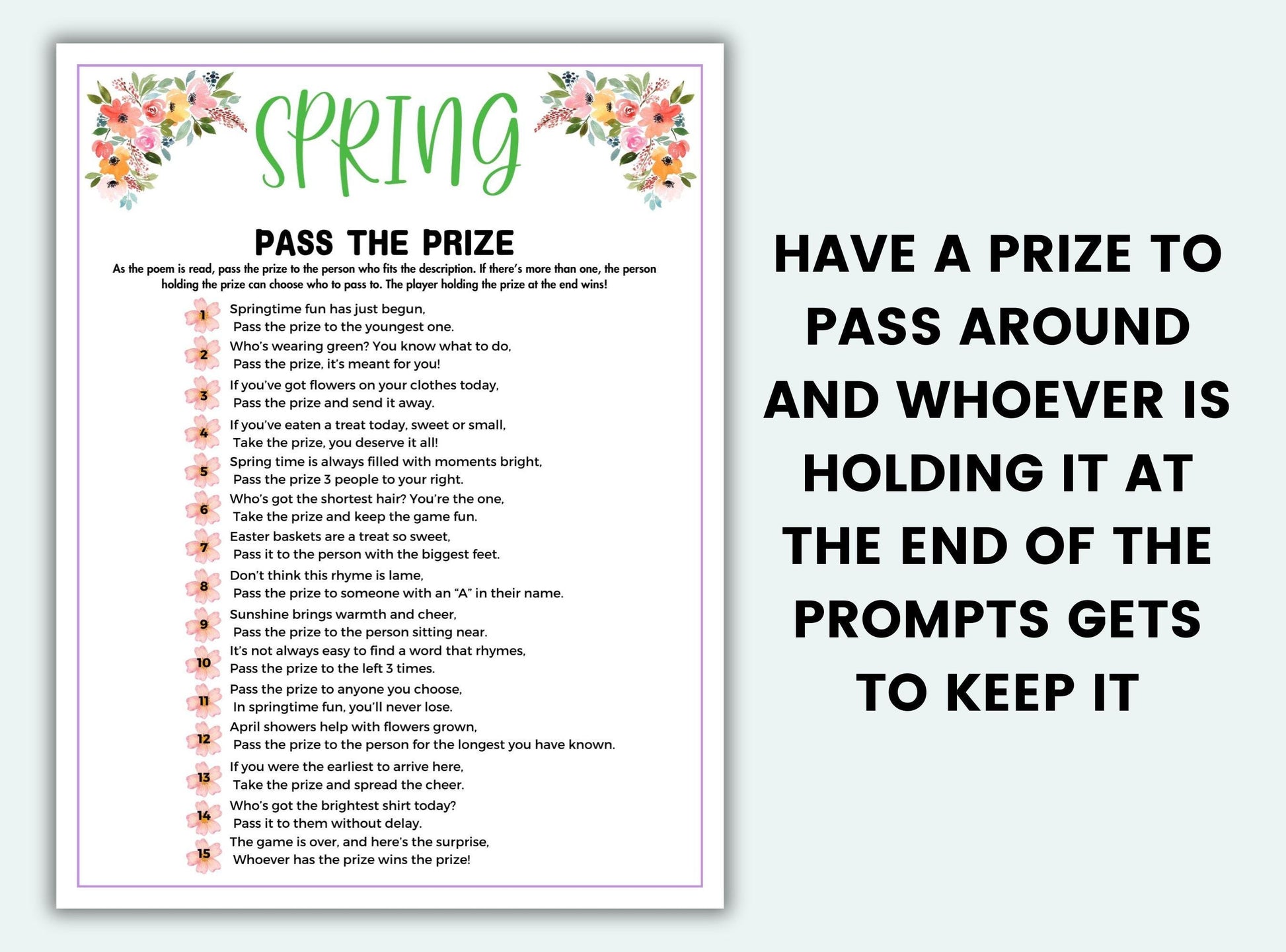 Spring-themed 'Pass the Prize' game sheet with instructions and decorative elements on a white background.