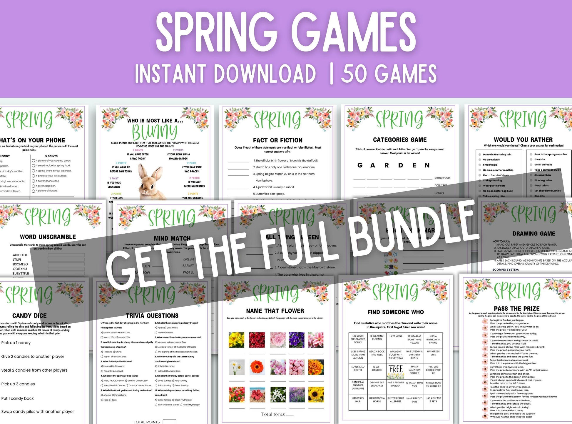 Collection of spring-themed games with a promotional banner for an instant download bundle.