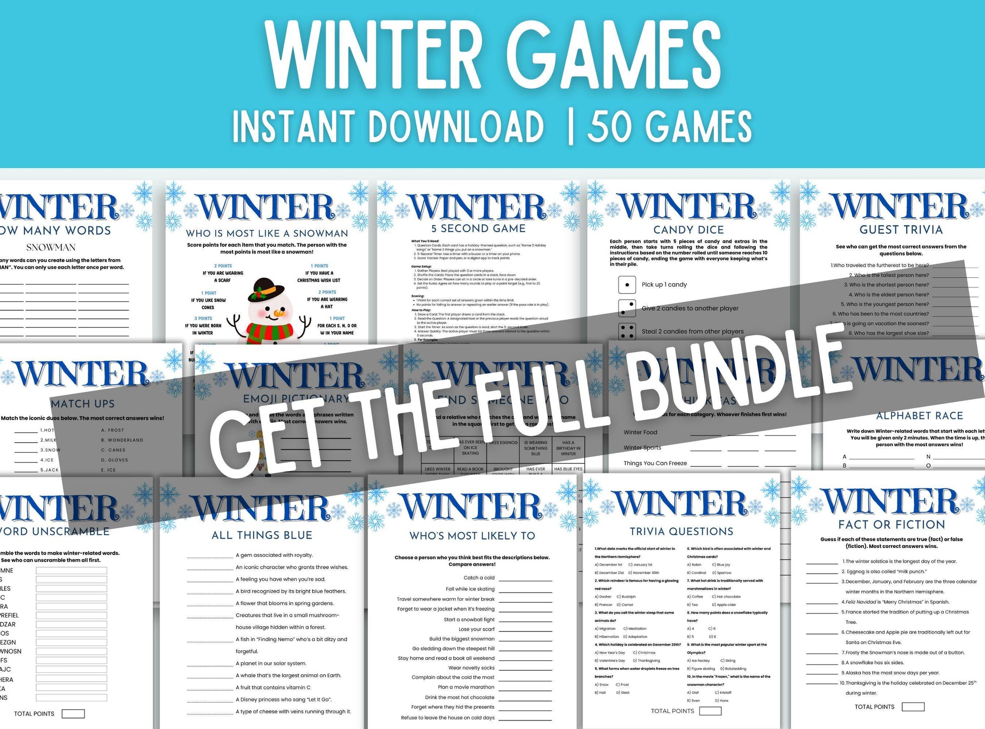 Collection of winter-themed games with a promotional banner for a full bundle download.