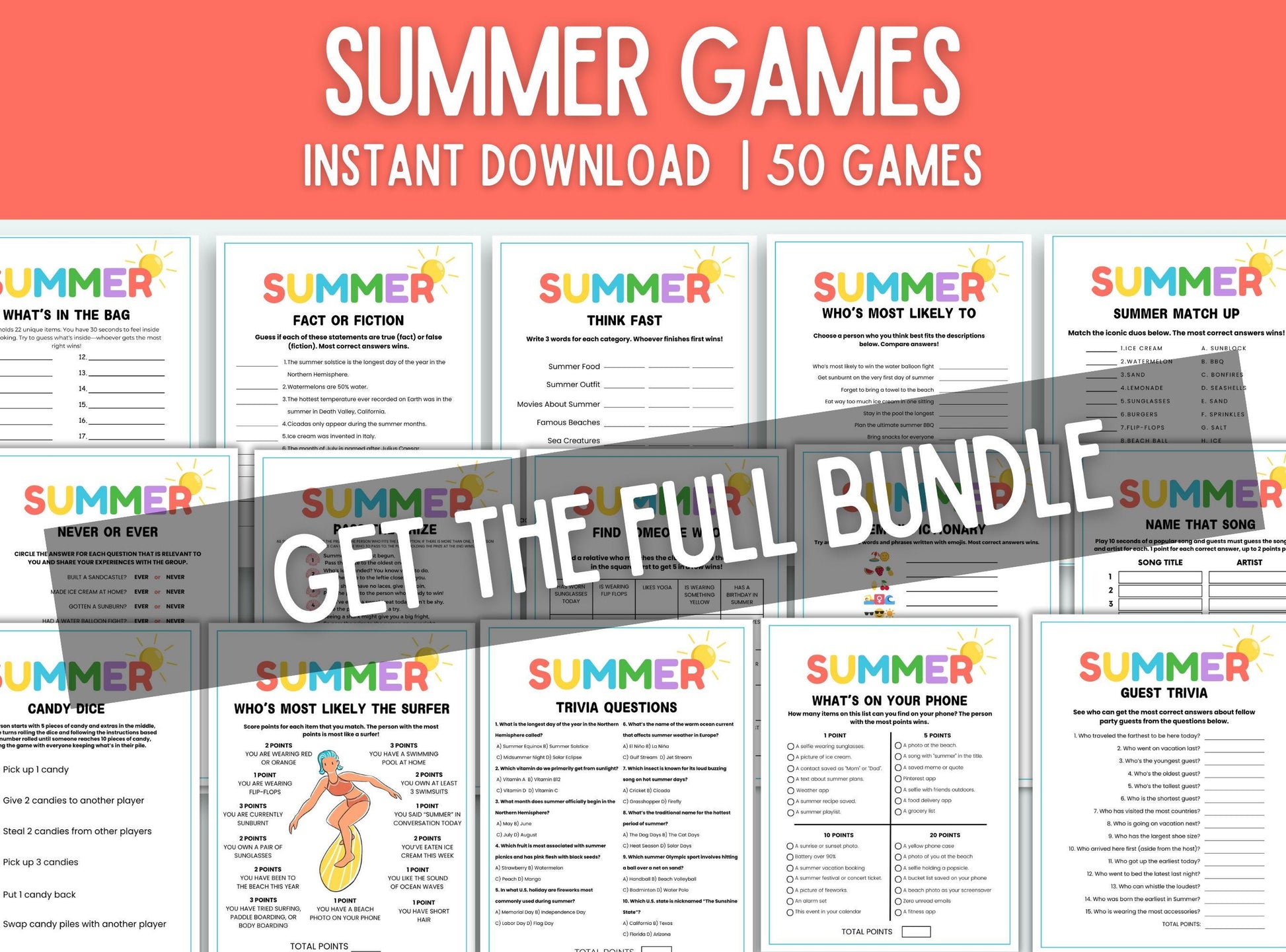 Collection of summer-themed games with a promotional banner for an instant download bundle.