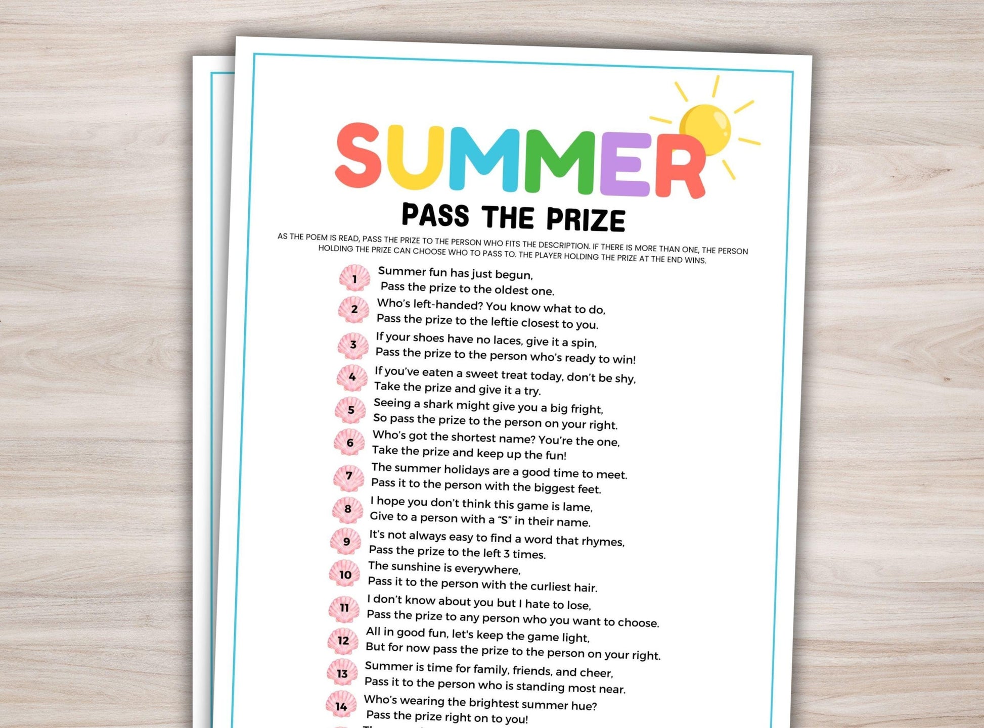 Sheet of paper with 'Summer Pass the Prize' game instructions on a wooden surface