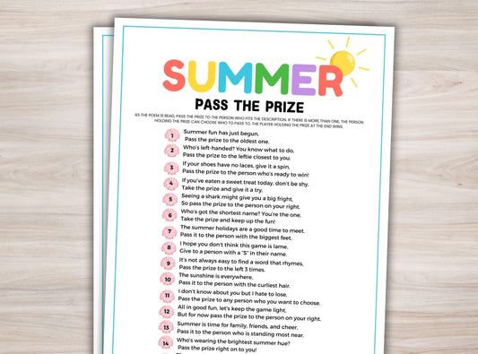 Sheet of paper with 'Summer Pass the Prize' game instructions on a wooden surface