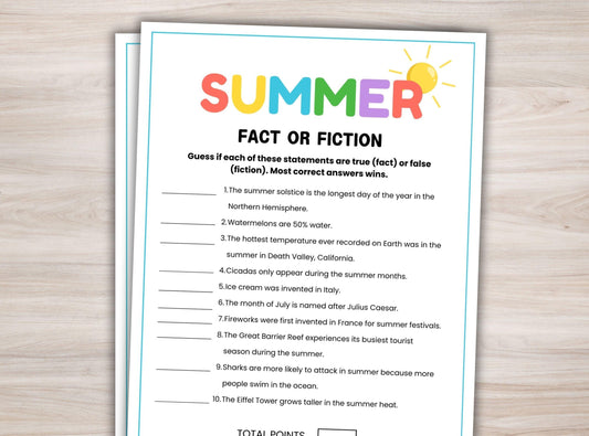 Summer fact or fiction worksheet on a wooden surface