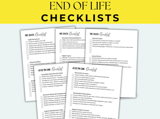 End of life checklists on a white background with a yellow border