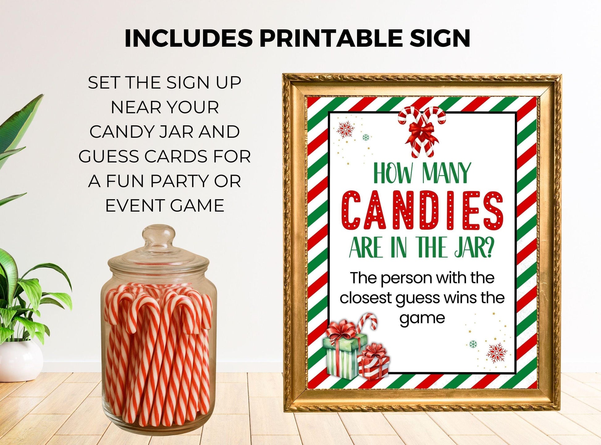Printable sign for a candy jar game with text and a candy jar on a light wooden floor.