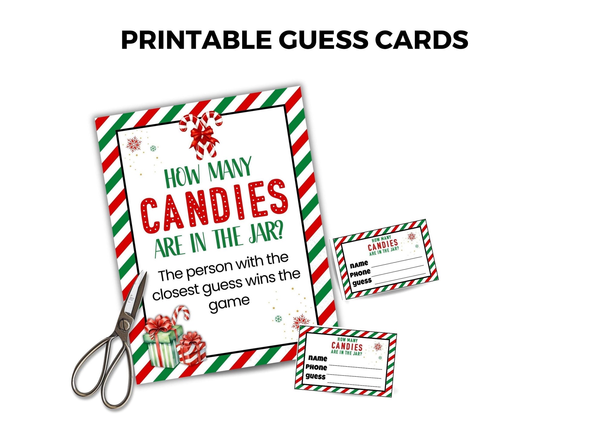 Printable guess cards for a candy jar game with scissors on a white background