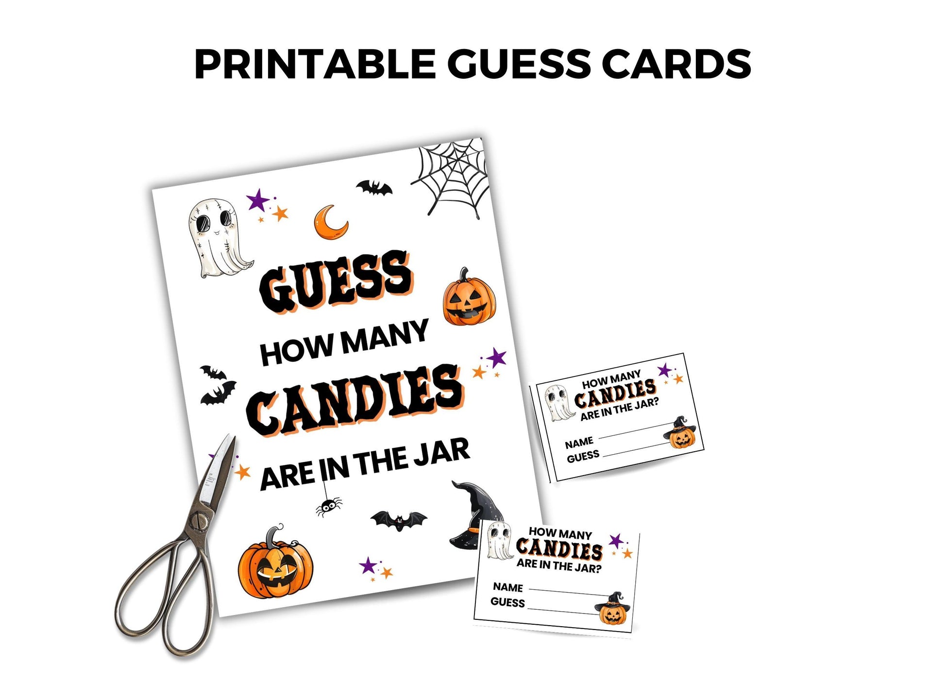 Halloween-themed printable guess cards with scissors on a white background