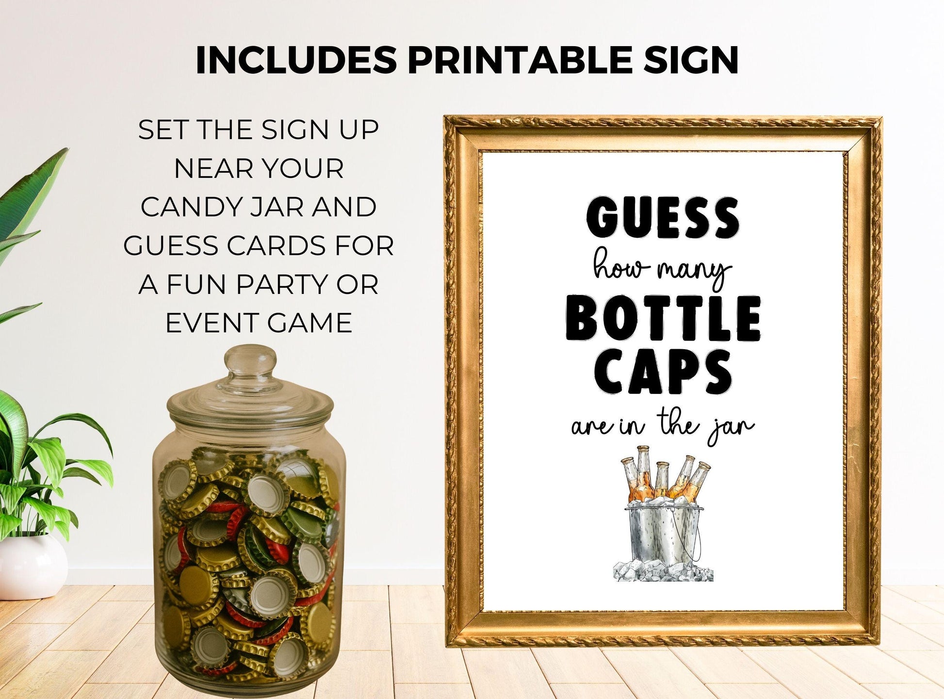 Decorative jar with bottle caps and a framed sign for a party game, including text about the game.